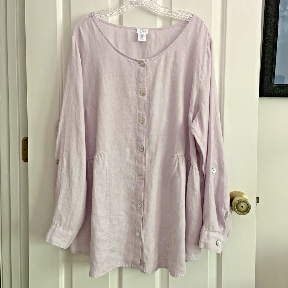 Sigrid Olsen Button Up 100% Linen Peplum Tunic Size XL Roll Tab Sleeve Lilac